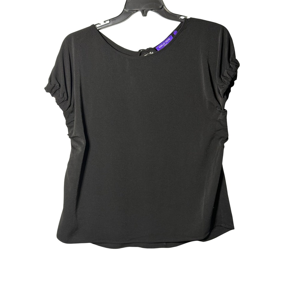 Emilio Pepe Italy Womens Black Ruched Side Keyhole Tie Back Blouse Size L